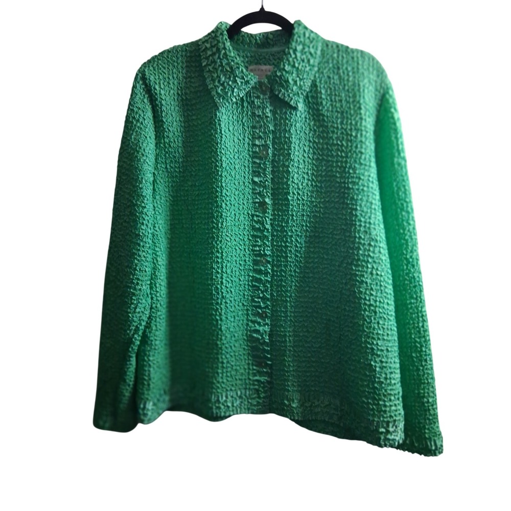 Rafael Vintage Green Popcorn Texture Button Front Blouse / Cardigan Lg Sleeve XL
